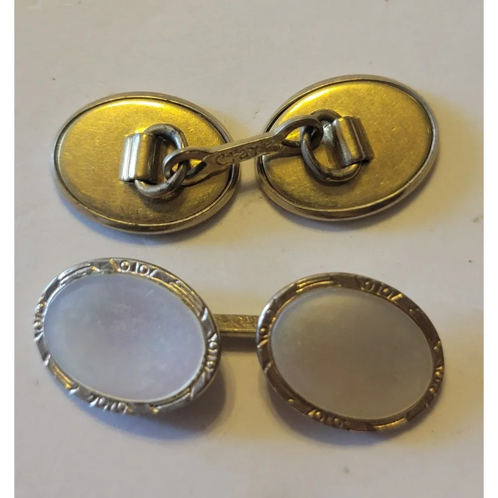Vintage Clark Cuffllinks Silver Tone Mother of‎ Pearl Inlay Oval Elegant Jewelry